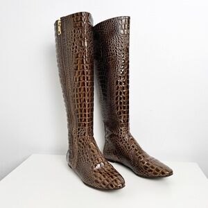 BCBGMAXAZRIA croc embossed hidden wedge knee high boots brown size 6